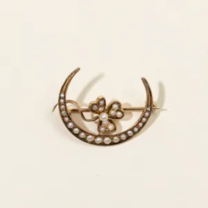 Pearl Crescent Moon & Clover Brooch