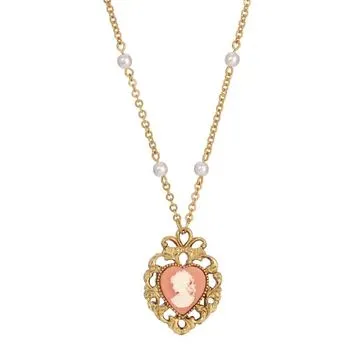 Pink Cameo Heart Pendant Faux Pearl Necklace 24"L