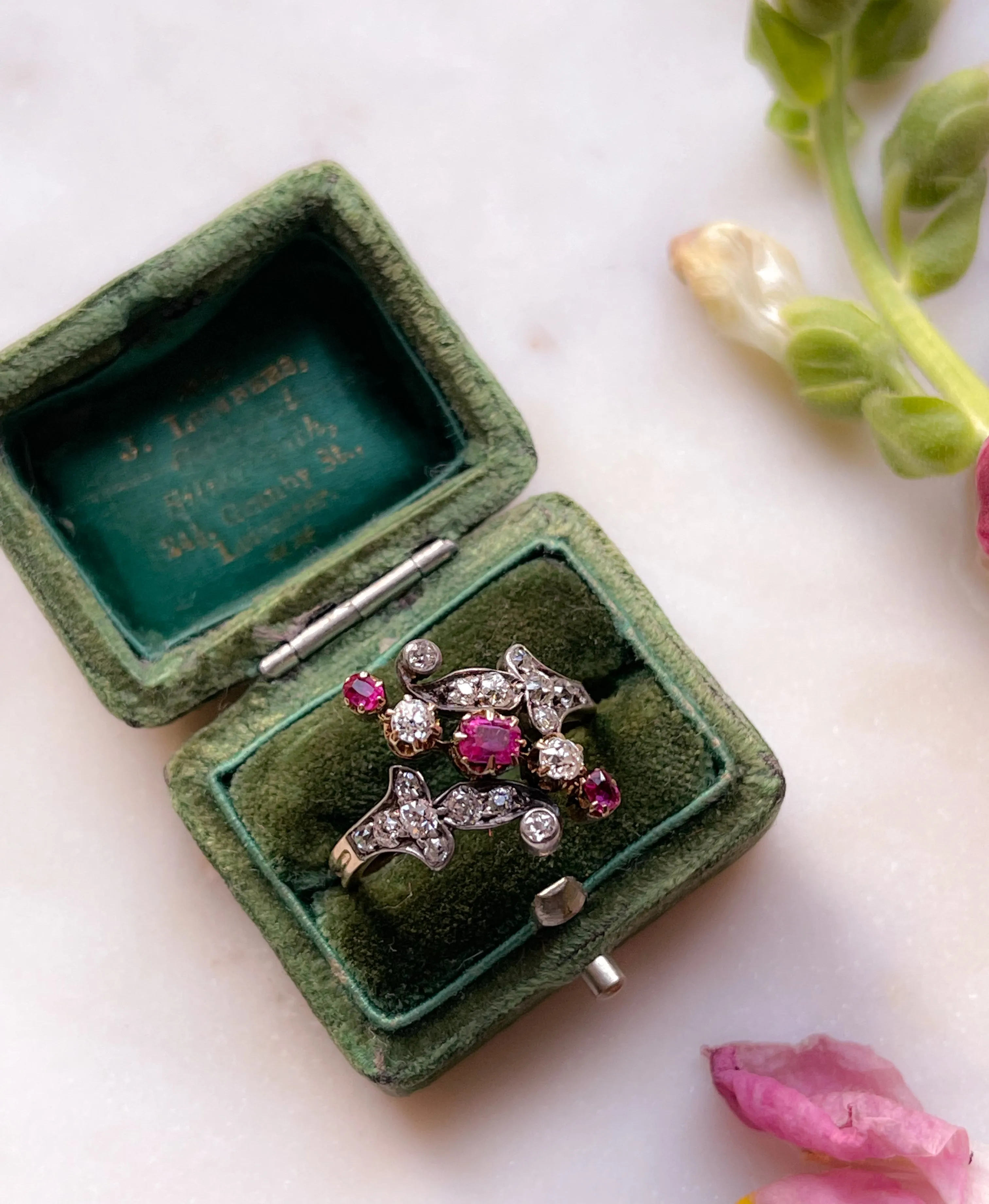 Pristine 18k Victorian Ruby and Diamond Floral Spray Ring with Silver Top