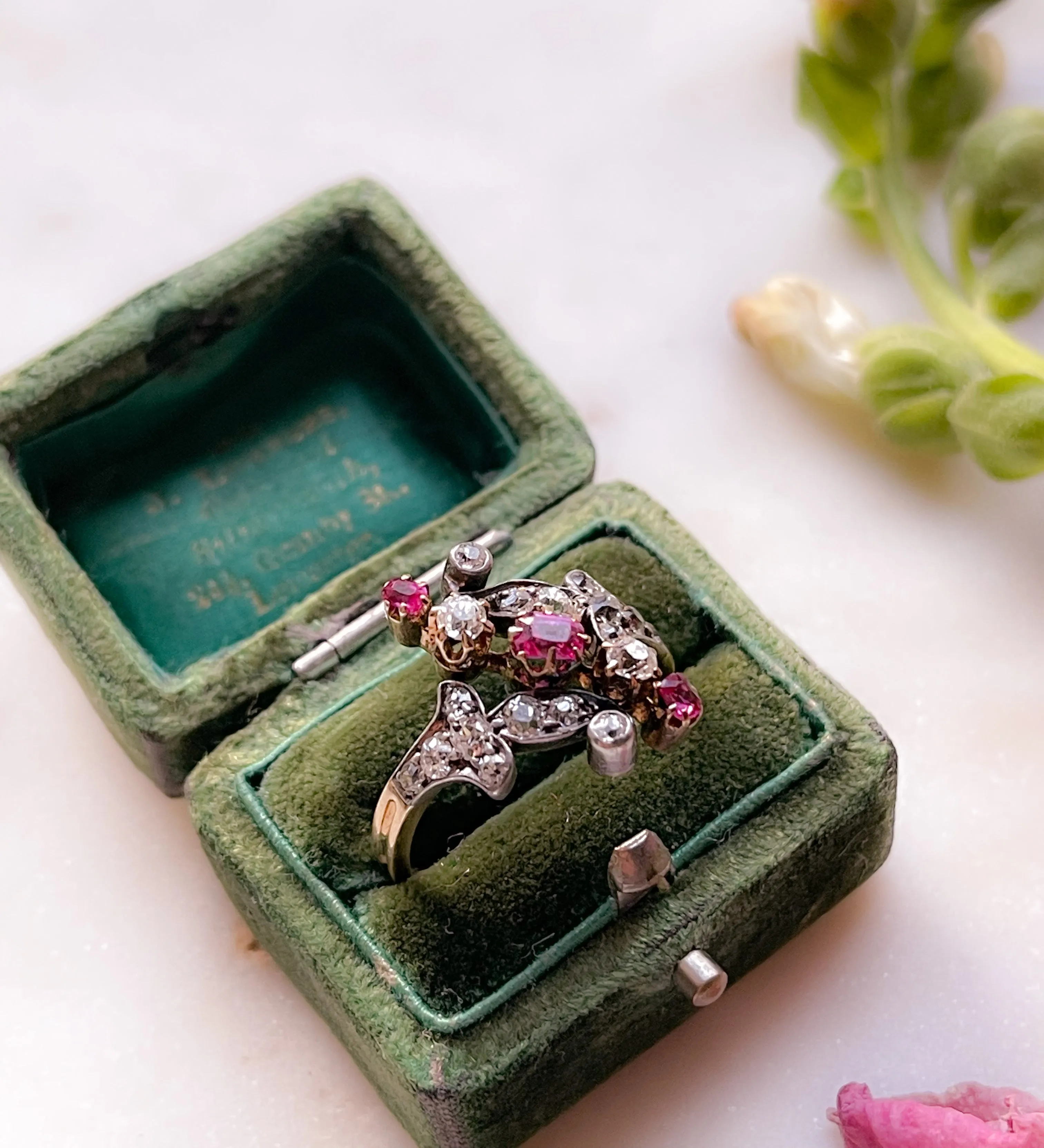 Pristine 18k Victorian Ruby and Diamond Floral Spray Ring with Silver Top