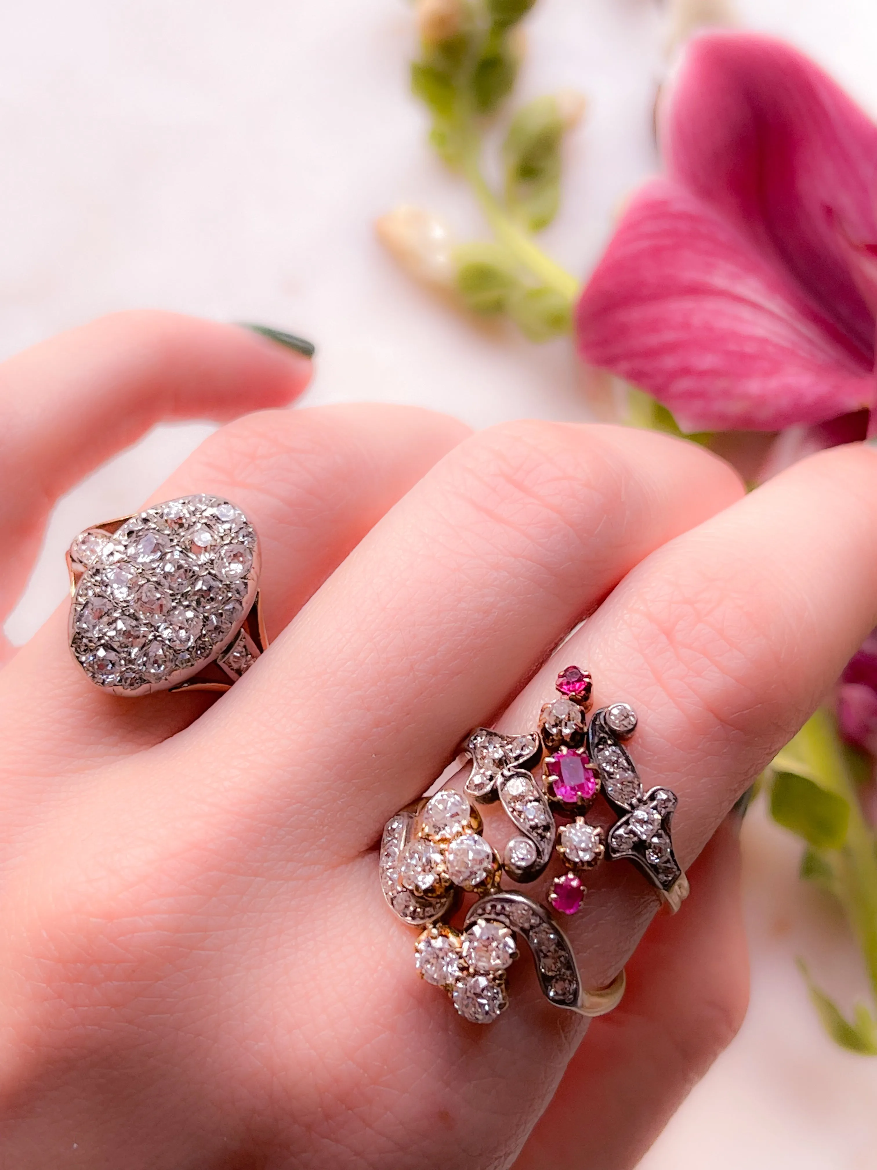 Pristine 18k Victorian Ruby and Diamond Floral Spray Ring with Silver Top