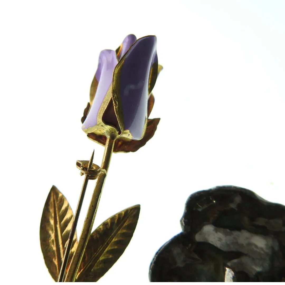 Purple pansy and tulip vintage flower brooches