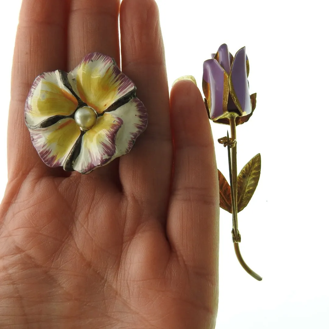 Purple pansy and tulip vintage flower brooches