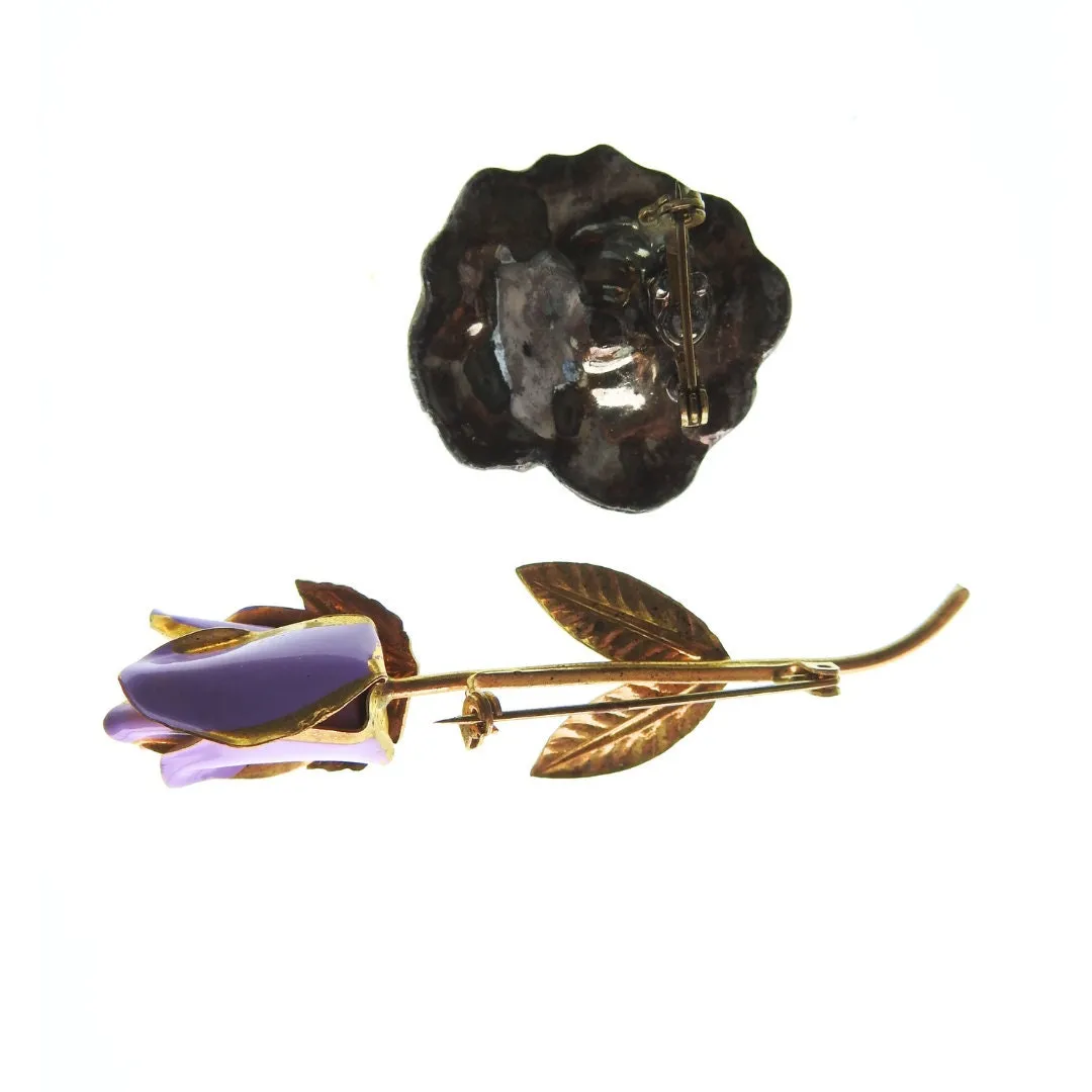 Purple pansy and tulip vintage flower brooches