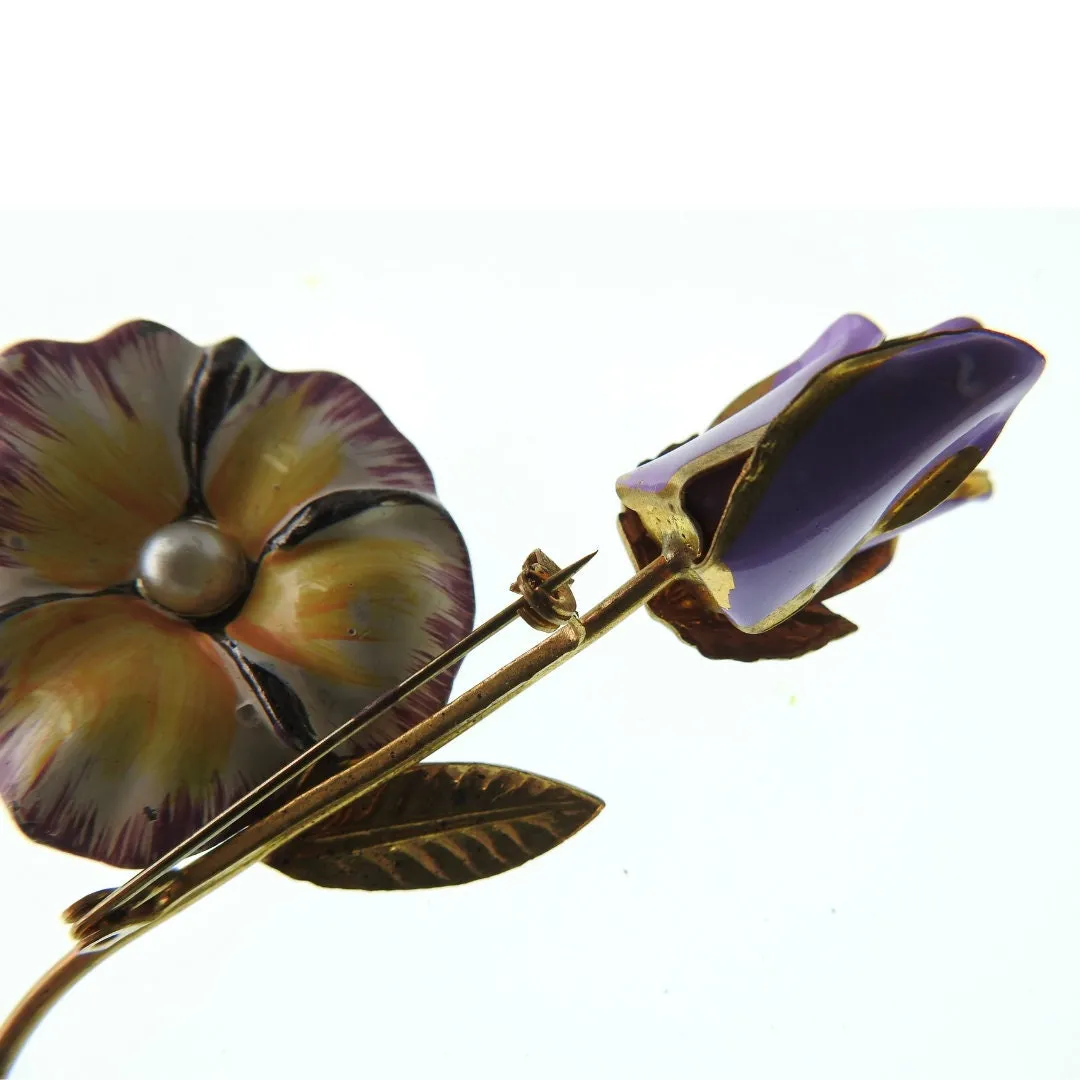 Purple pansy and tulip vintage flower brooches