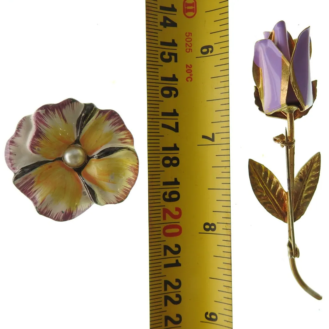 Purple pansy and tulip vintage flower brooches