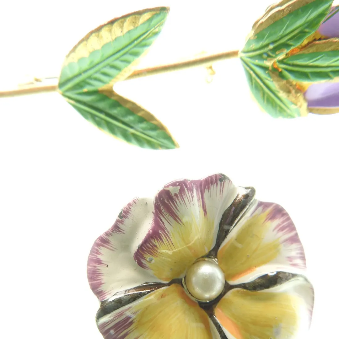 Purple pansy and tulip vintage flower brooches
