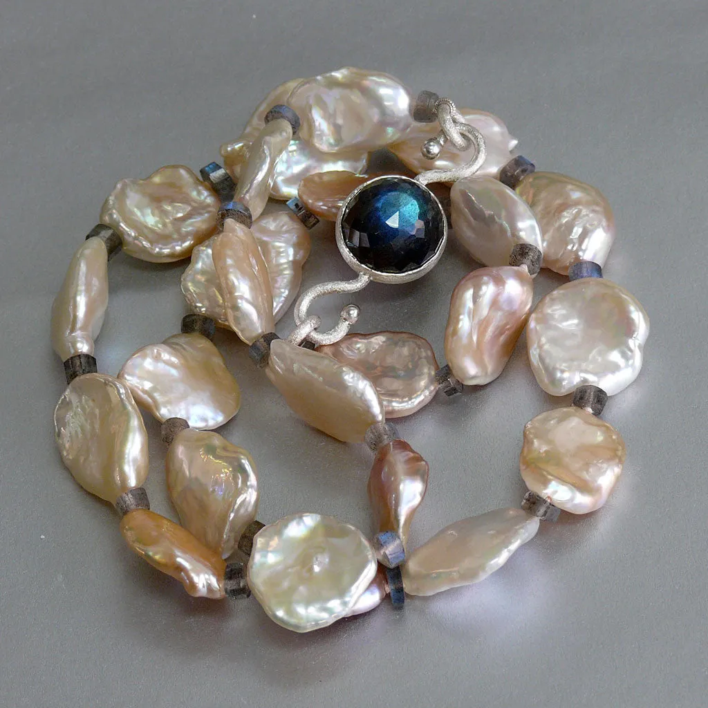 "Floating Petals" One of a Kind Golden-Pink Keshi Pearl & Labradorite Gemstone Necklace by Arpaia Lang