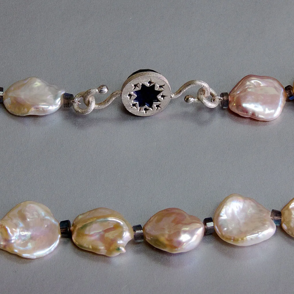 "Floating Petals" One of a Kind Golden-Pink Keshi Pearl & Labradorite Gemstone Necklace by Arpaia Lang