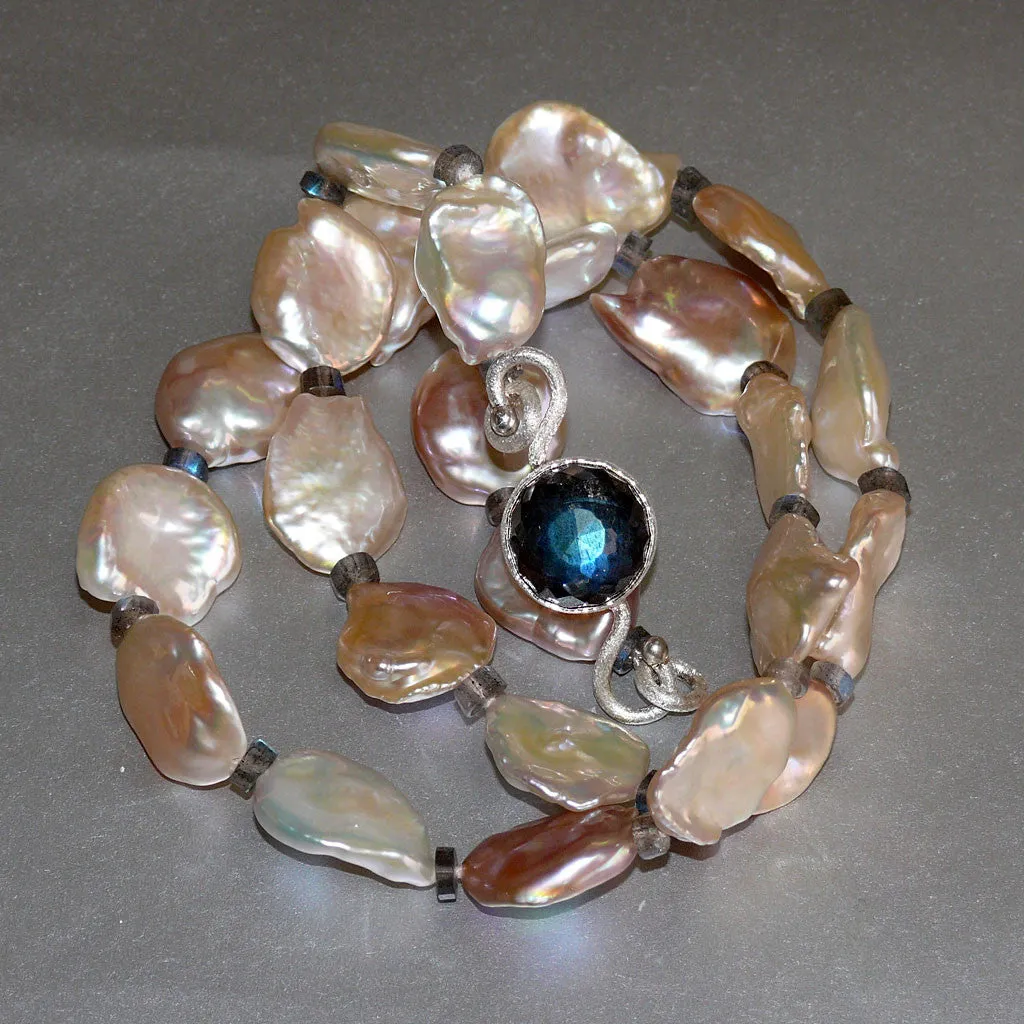 "Floating Petals" One of a Kind Golden-Pink Keshi Pearl & Labradorite Gemstone Necklace by Arpaia Lang