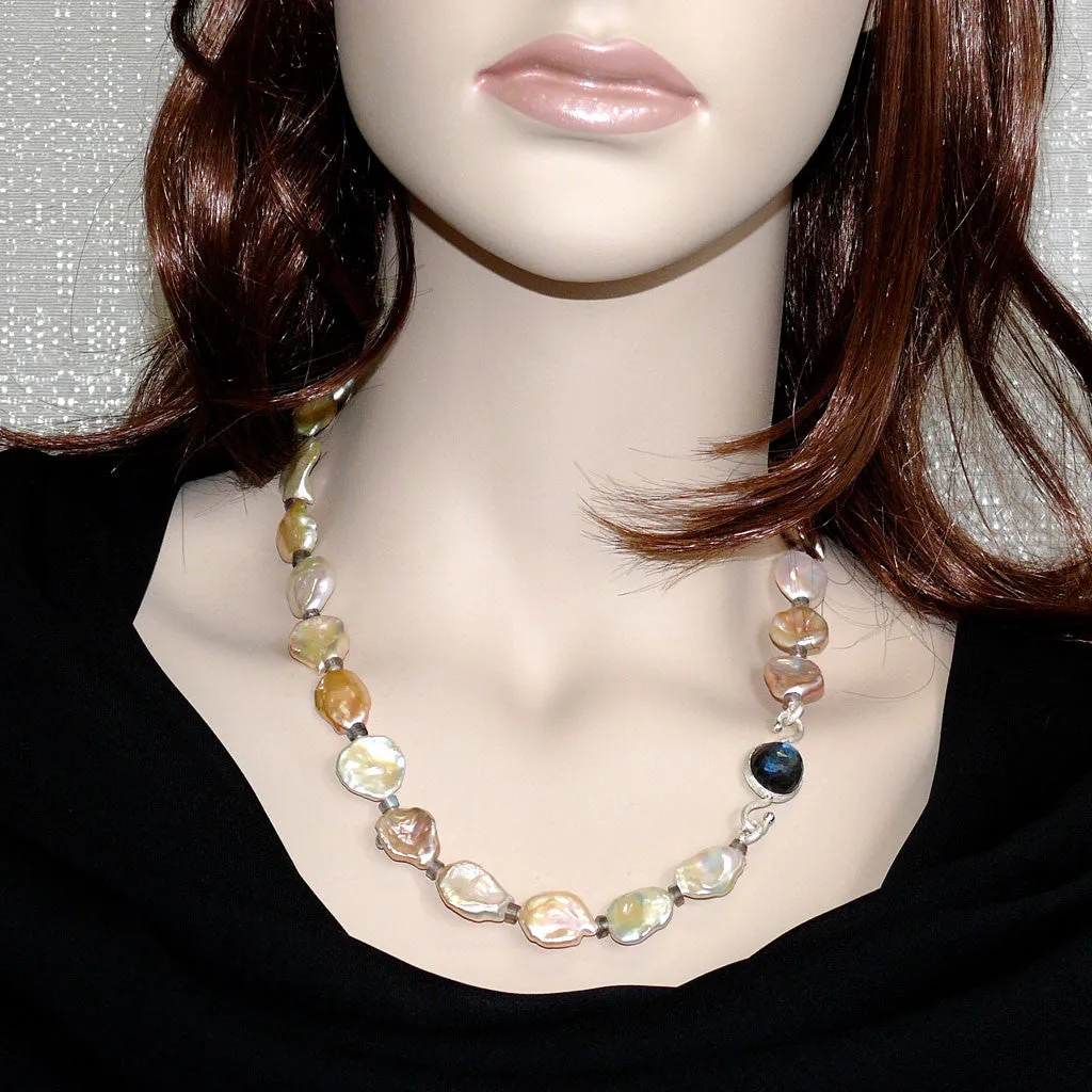 "Floating Petals" One of a Kind Golden-Pink Keshi Pearl & Labradorite Gemstone Necklace by Arpaia Lang