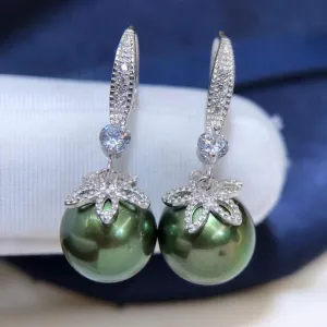 Rare Fresh Water Peacock Green Black Pearl Drop Earring