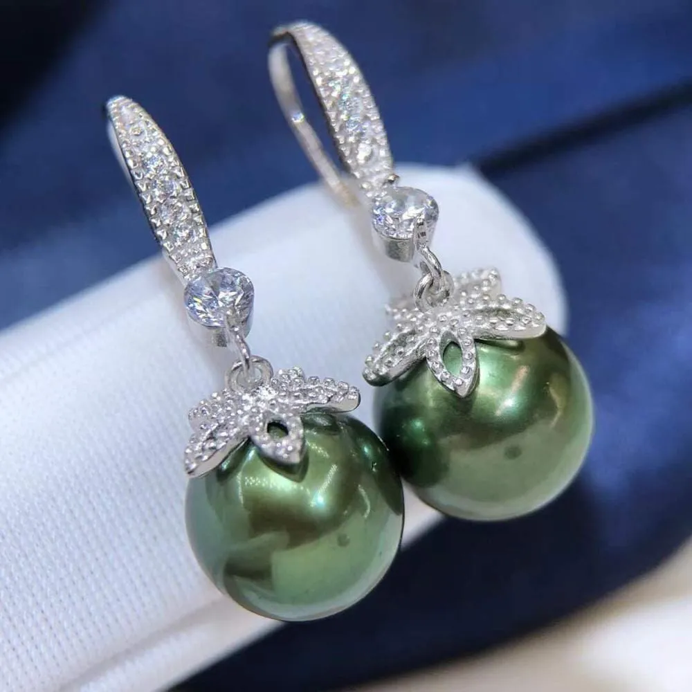 Rare Fresh Water Peacock Green Black Pearl Drop Earring