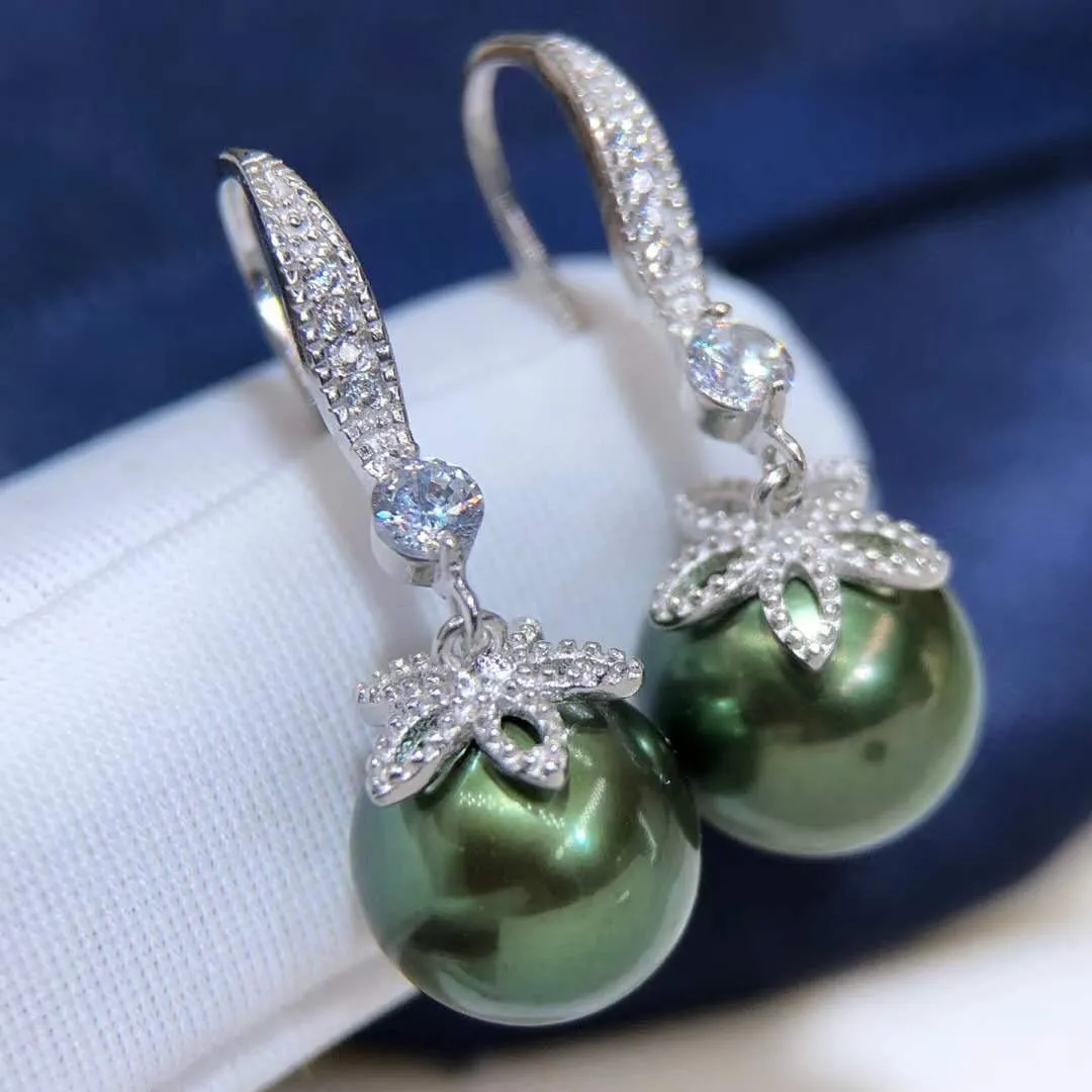 Rare Fresh Water Peacock Green Black Pearl Drop Earring