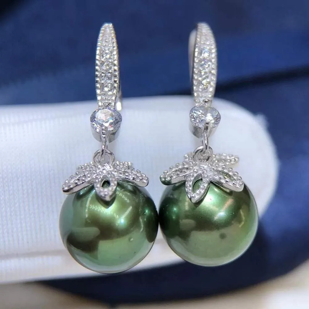 Rare Fresh Water Peacock Green Black Pearl Drop Earring