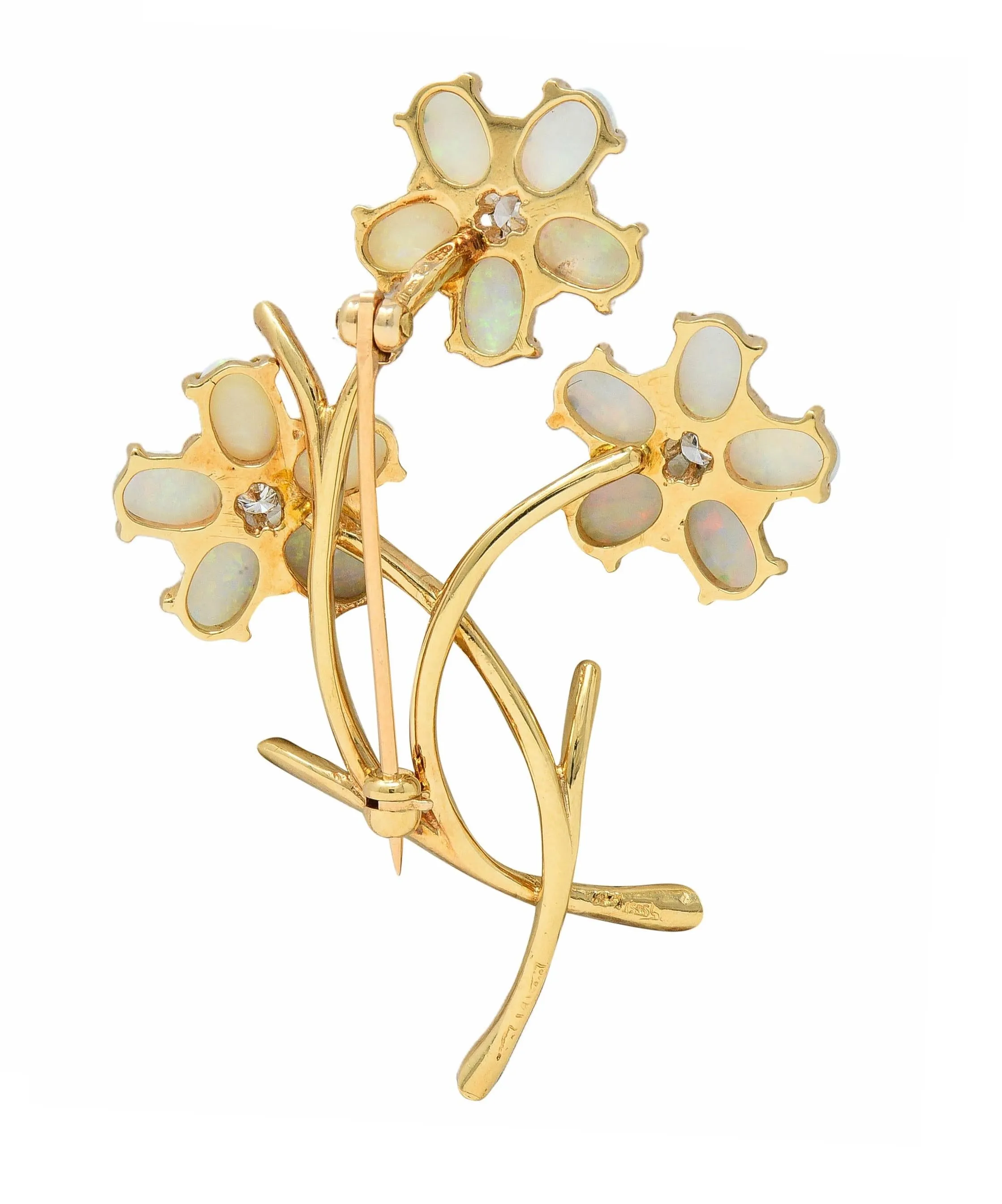 Retro Diamond Opal 14 Karat Yellow Gold Vintage Floral Brooch