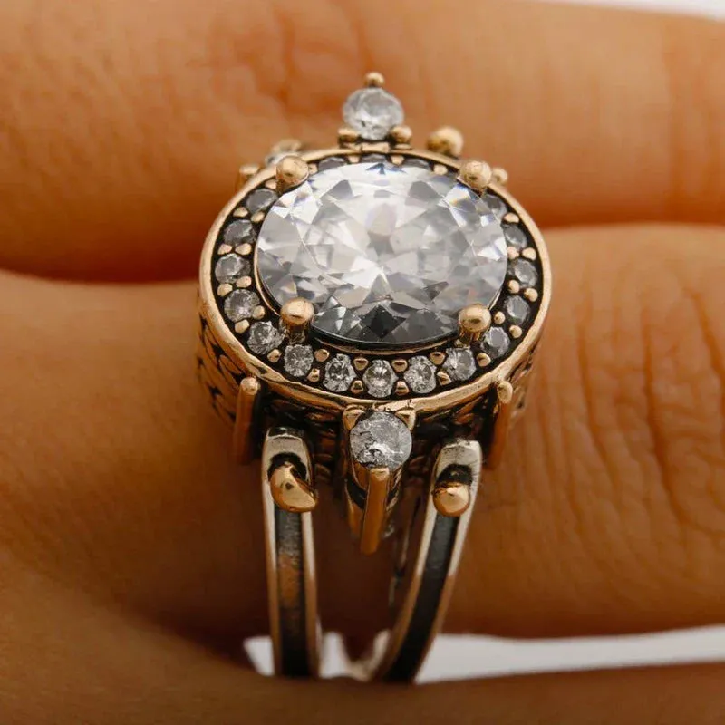 Retro Geometric Creative Round Zircon Two-tone Ring for Women Unique Design Exquisite Ladies Anniversary Gift Trendy Jewelry