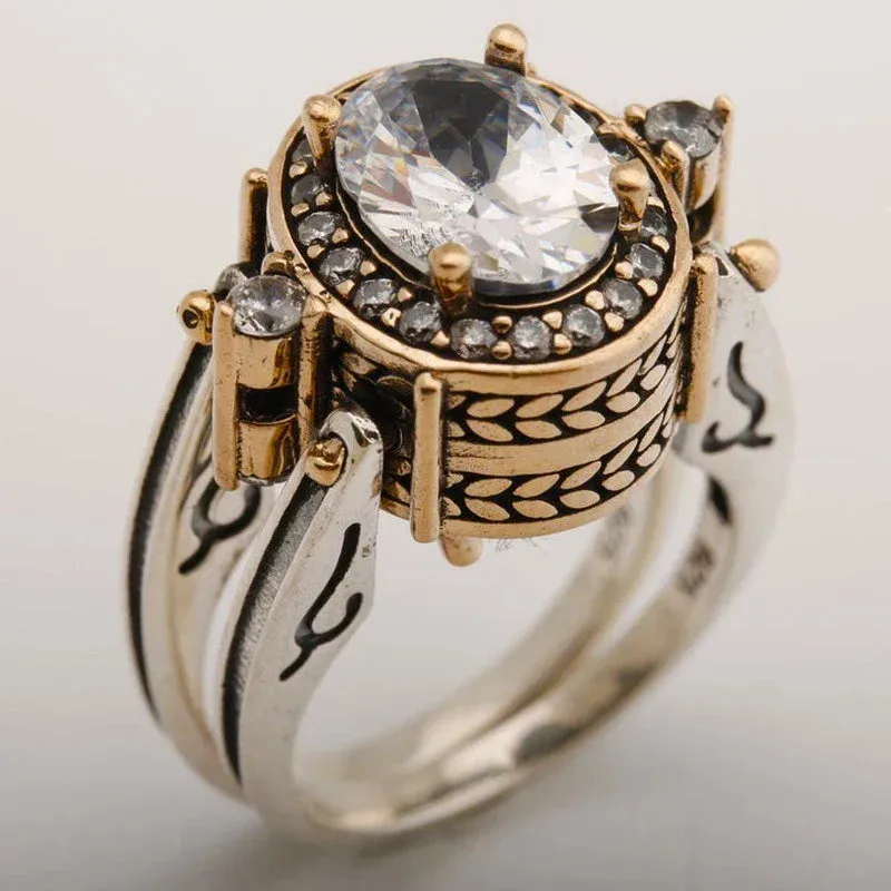Retro Geometric Creative Round Zircon Two-tone Ring for Women Unique Design Exquisite Ladies Anniversary Gift Trendy Jewelry