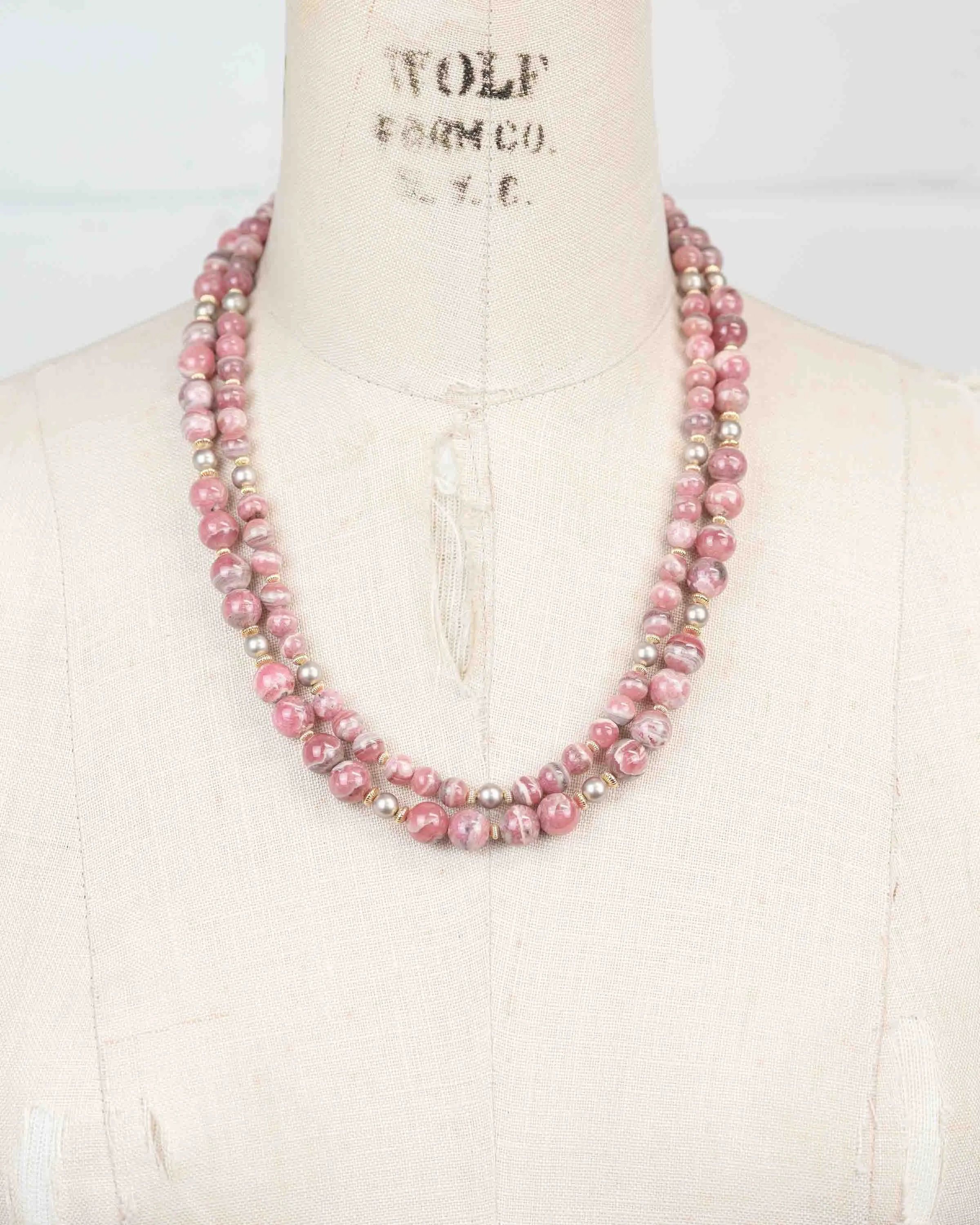 Rhodochrosite Grey Freshwater Pearl Double Strand Statement Necklace
