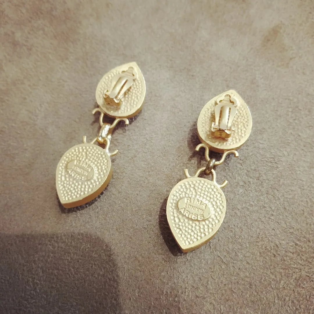 Rima Ariss Green Yellow Foil Glass Clip On Drop earrings