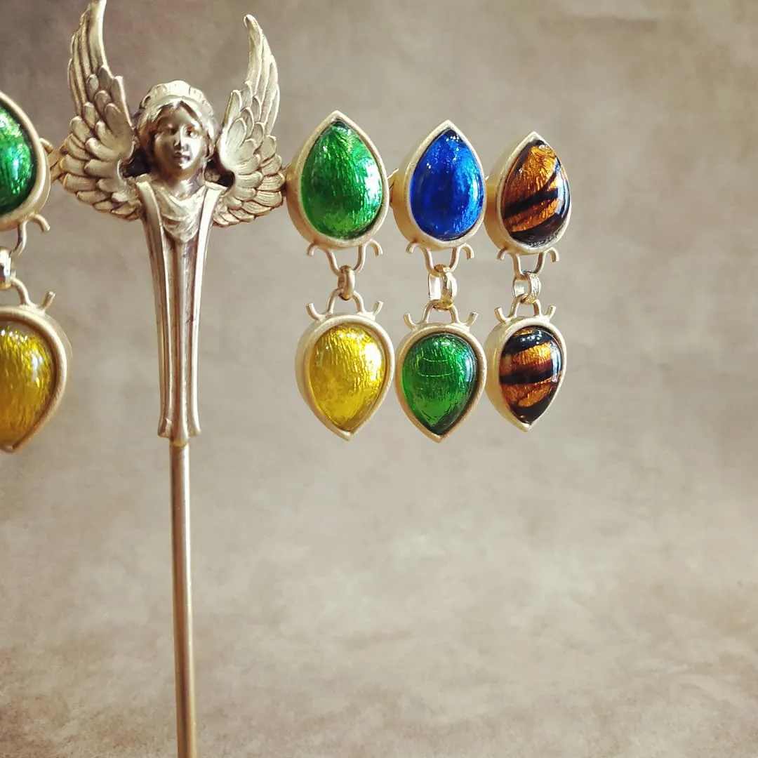 Rima Ariss Green Yellow Foil Glass Clip On Drop earrings