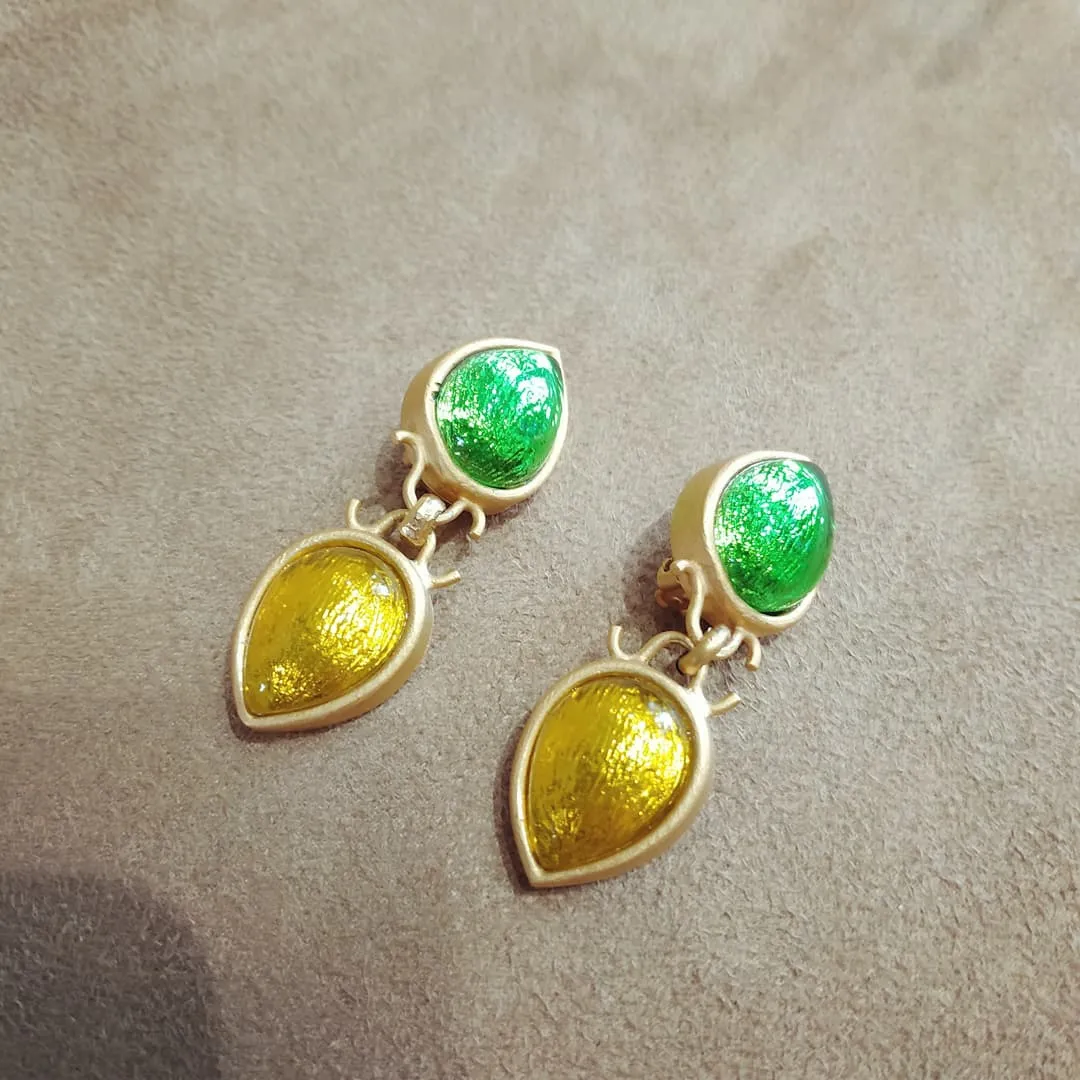 Rima Ariss Green Yellow Foil Glass Clip On Drop earrings