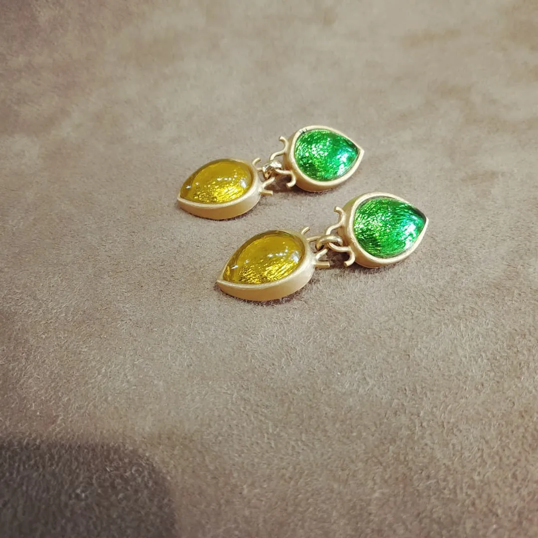 Rima Ariss Green Yellow Foil Glass Clip On Drop earrings