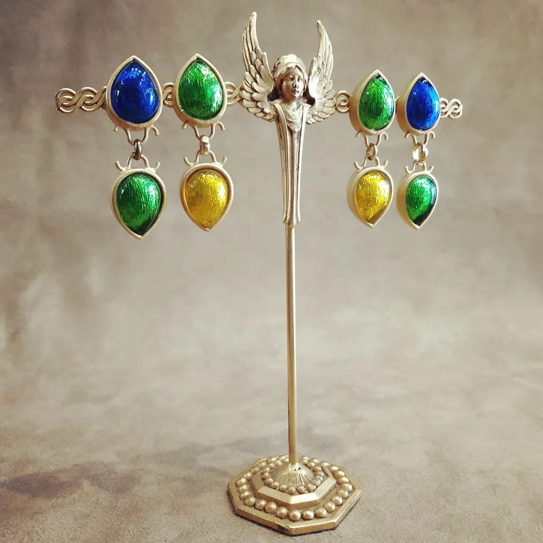 Rima Ariss Green Yellow Foil Glass Clip On Drop earrings