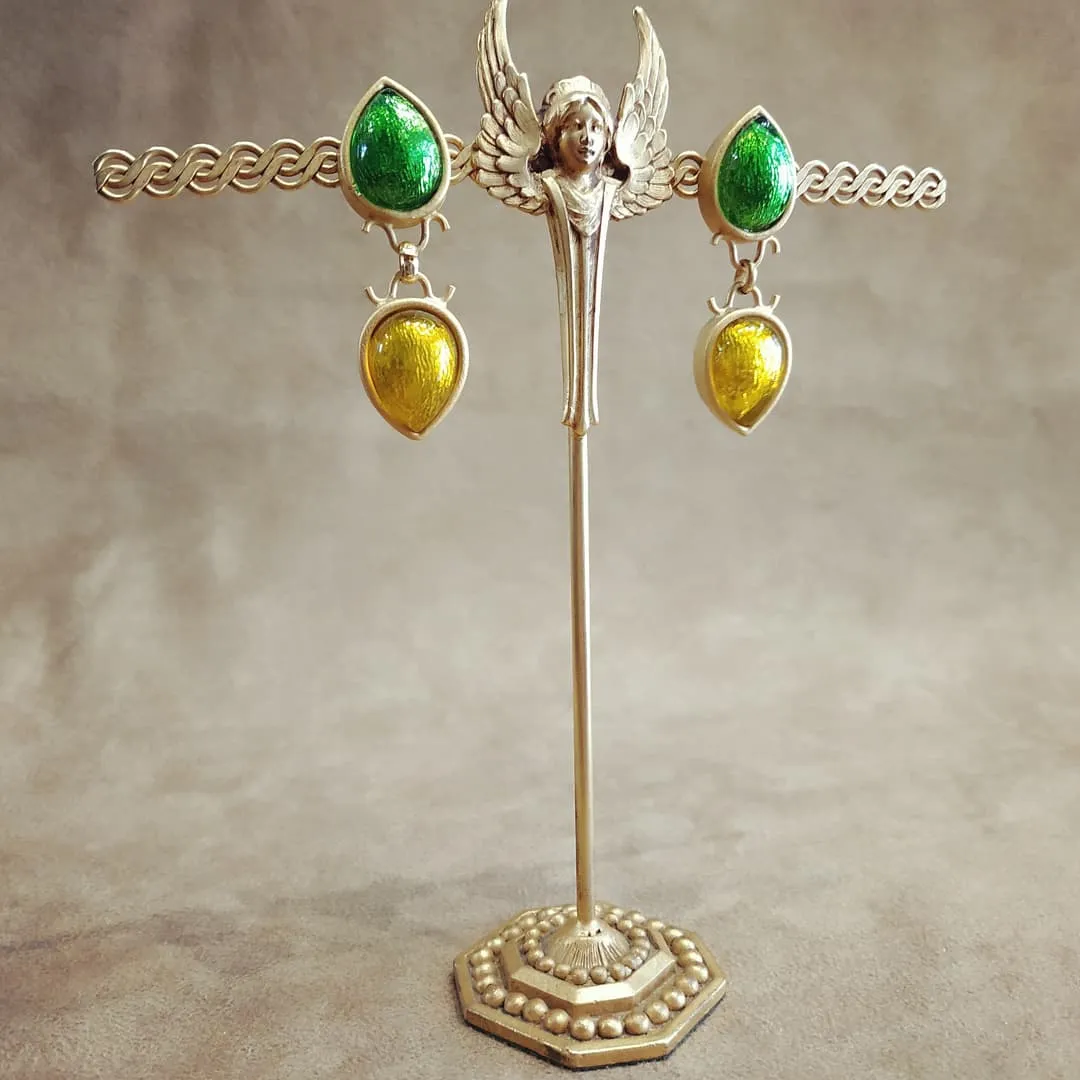 Rima Ariss Green Yellow Foil Glass Clip On Drop earrings