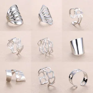 Rinhoo Adjustable Openwork Striped Flower Heart Shaped Geometric Open Ring Stainless Steel Ladies Party Jewelry Rings