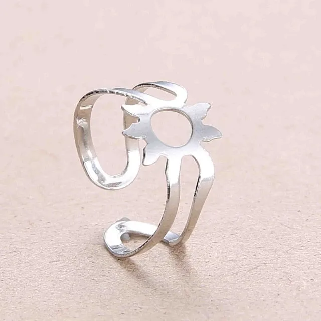 Rinhoo Adjustable Openwork Striped Flower Heart Shaped Geometric Open Ring Stainless Steel Ladies Party Jewelry Rings