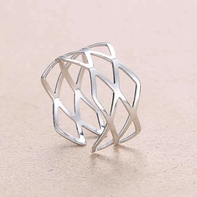 Rinhoo Adjustable Openwork Striped Flower Heart Shaped Geometric Open Ring Stainless Steel Ladies Party Jewelry Rings