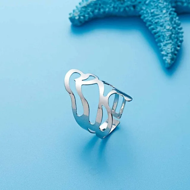 Rinhoo Adjustable Openwork Striped Flower Heart Shaped Geometric Open Ring Stainless Steel Ladies Party Jewelry Rings