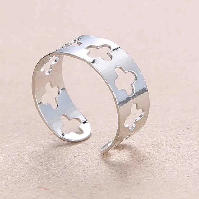 Rinhoo Adjustable Openwork Striped Flower Heart Shaped Geometric Open Ring Stainless Steel Ladies Party Jewelry Rings