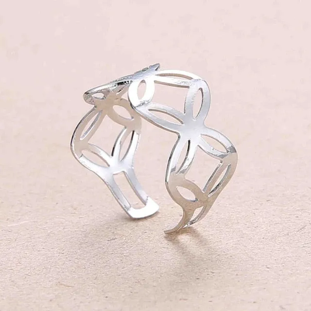 Rinhoo Adjustable Openwork Striped Flower Heart Shaped Geometric Open Ring Stainless Steel Ladies Party Jewelry Rings