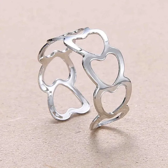 Rinhoo Adjustable Openwork Striped Flower Heart Shaped Geometric Open Ring Stainless Steel Ladies Party Jewelry Rings