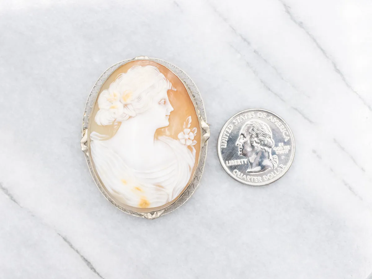 Romantic White Gold Antique Filigree Floral Cameo Pin or Pendant