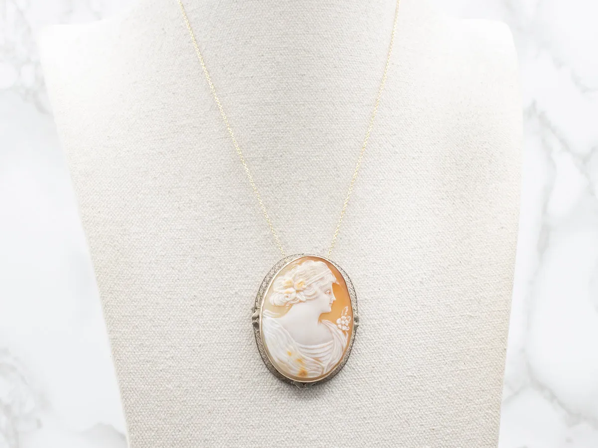 Romantic White Gold Antique Filigree Floral Cameo Pin or Pendant