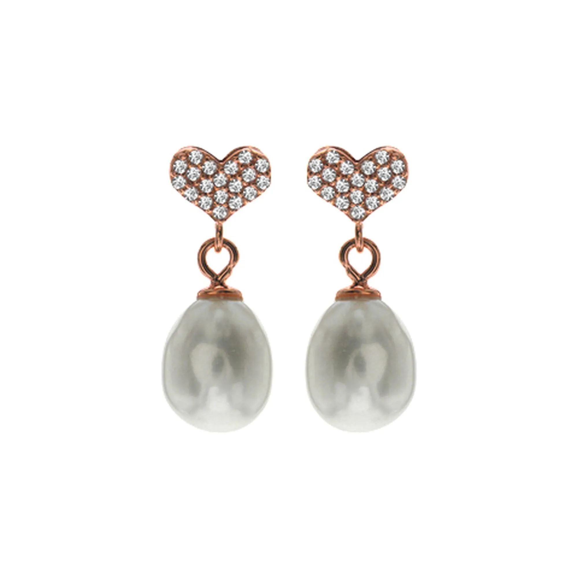 Rose gold plated earrings with CZ heart & oval pearl