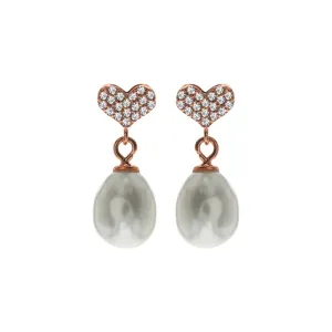 Rose gold plated earrings with CZ heart & oval pearl