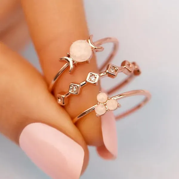 Rose Gold Simple🌛Tri-Moon🌜 Opal Geometric Three-piece Combined Ring Set, Cute & Dainty Ring Set. 💗Great for Valentine's Day💖
