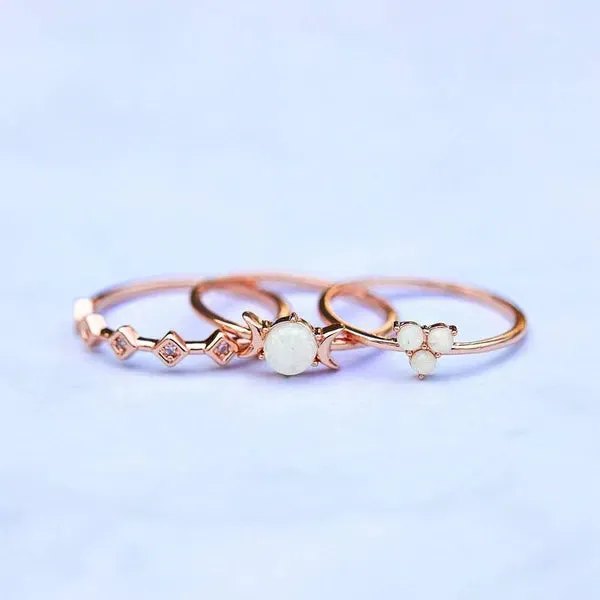 Rose Gold Simple🌛Tri-Moon🌜 Opal Geometric Three-piece Combined Ring Set, Cute & Dainty Ring Set. 💗Great for Valentine's Day💖