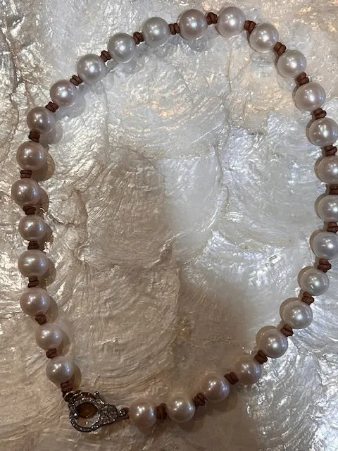 Round Pearls Choker w/ Silver Pave lobster clasp