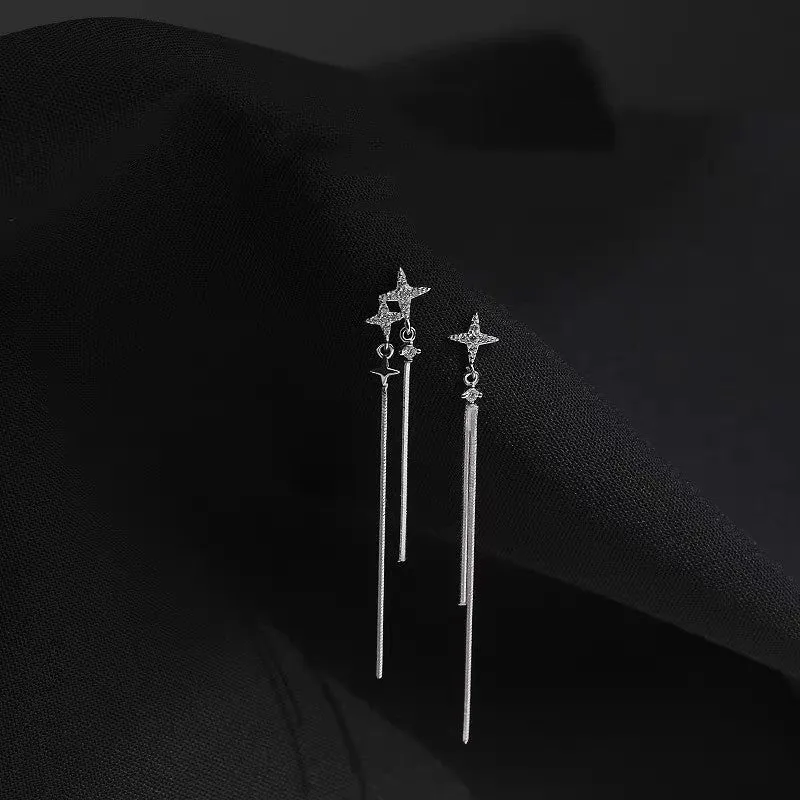 S925 Silver Irregular Cross Zircon Tassel Drop Earrings