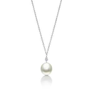 Sabel Collection White Gold Pearl and Diamond Drop Necklace