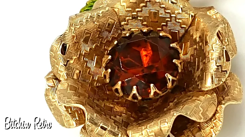 Sarah Coventry Vintage Floral Brooch with Large Amber Rhinestone