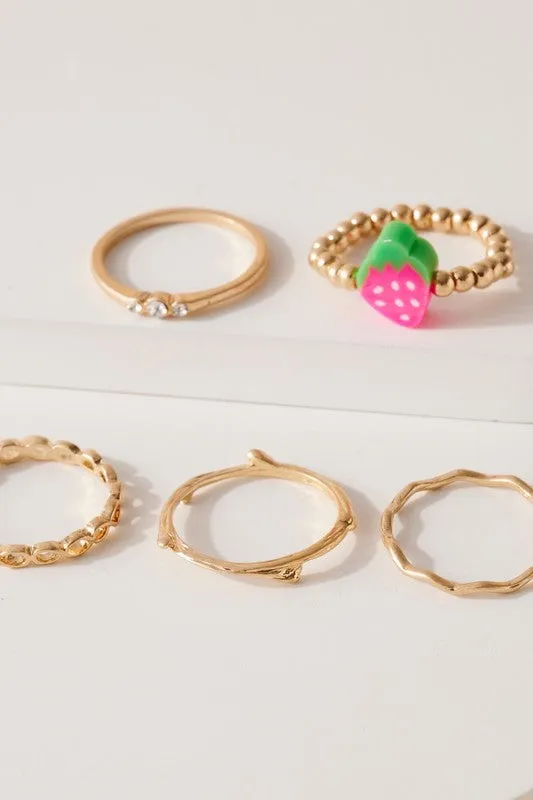 Set of 5 Fruit Metal Rings