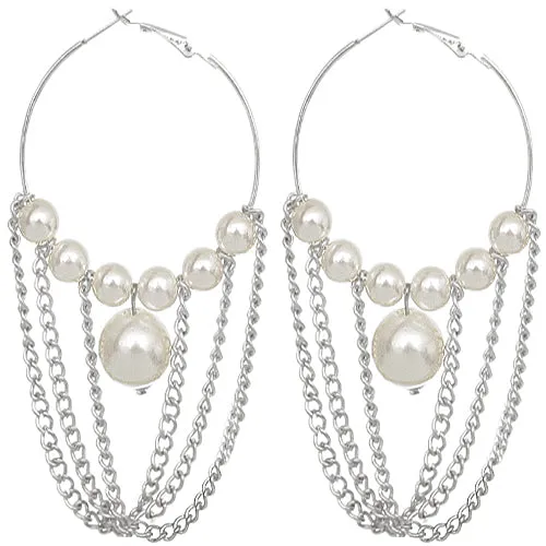 Silver Faux Peal Drop Chain Hoop Earrings