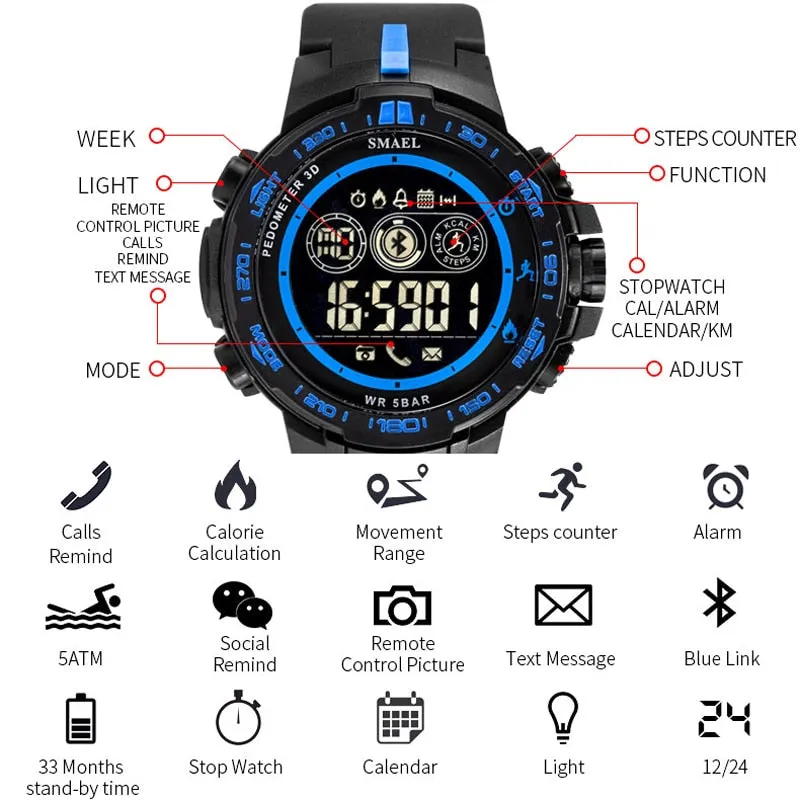 SMAEL Brand  Sport Watches for Men Digital Wrist Watches Mens Waterproof LED Display Sports Electronic Watch Chronograph Clock