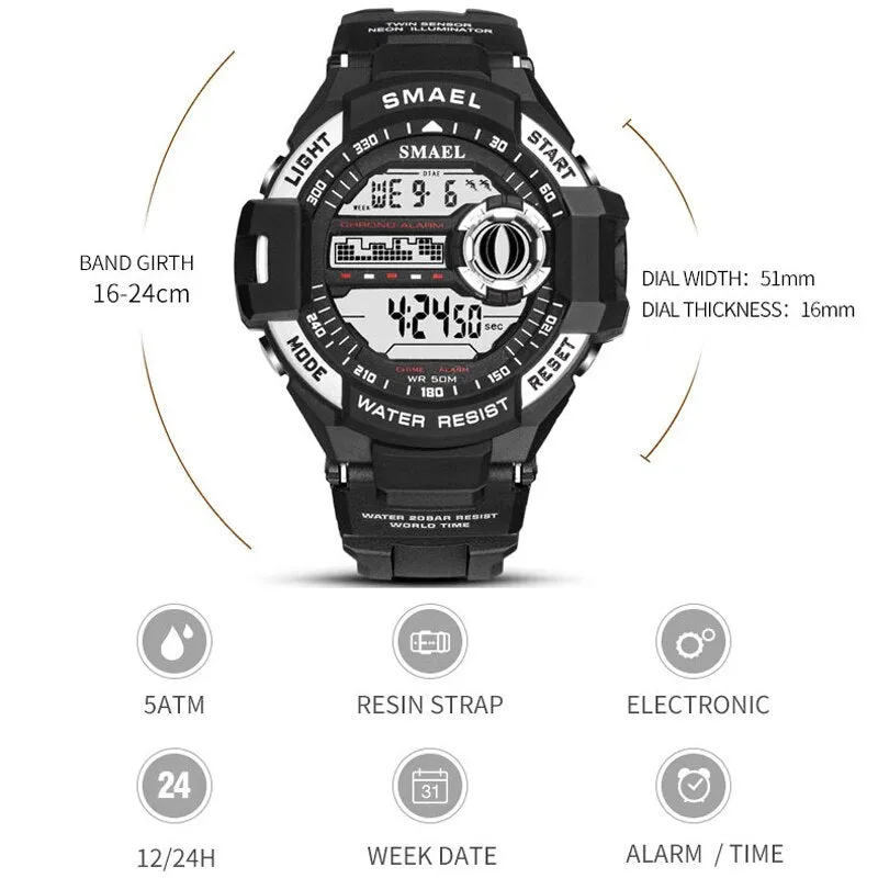 SMAEL Men PU Sport Watch Hot Top Brand Mens Digital Watches for Men&#39;s Waterproof Military Electronic Wristwatch Male Clock Reloj